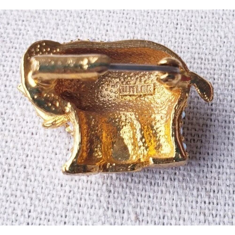 Vintage Signed Butler Gold Tone Rhinestone Bejeweled Elephant Brooch Dainty - Picture 6 of 8